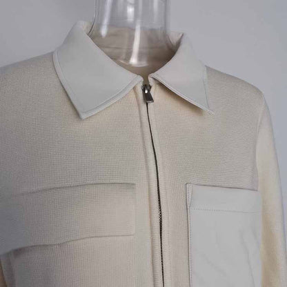 Women Zip Shirt Jacket With Faux Leather Trim Knitted Coat