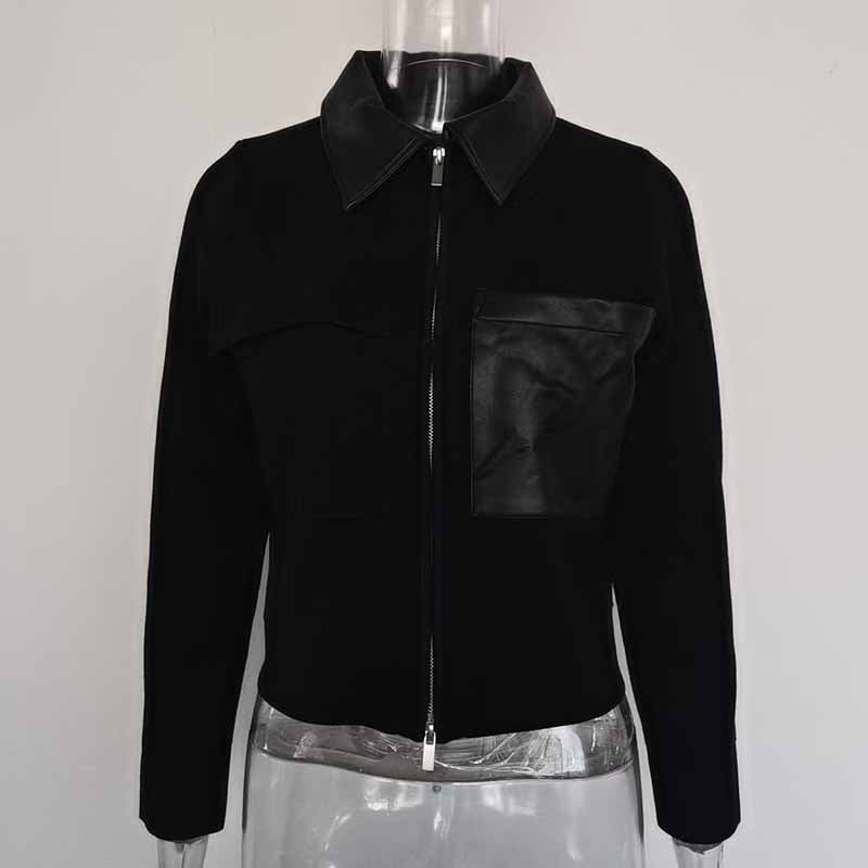 Women Zip Shirt Jacket With Faux Leather Trim Knitted Coat