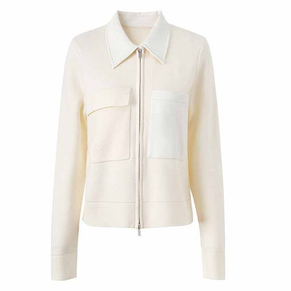 Women Zip Shirt Jacket With Faux Leather Trim Knitted Coat