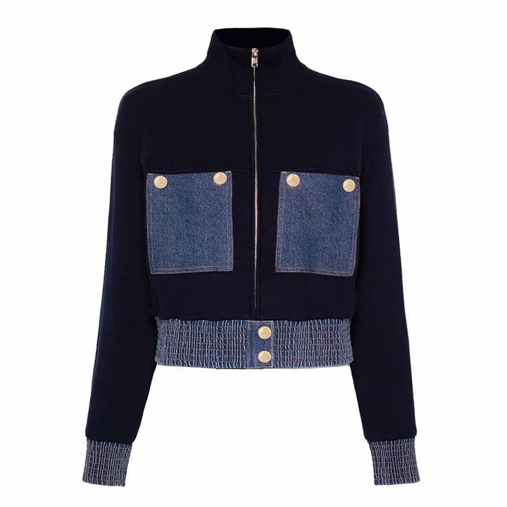 Women Zipper Front Jacket Knit Crop Denim Trim Coat