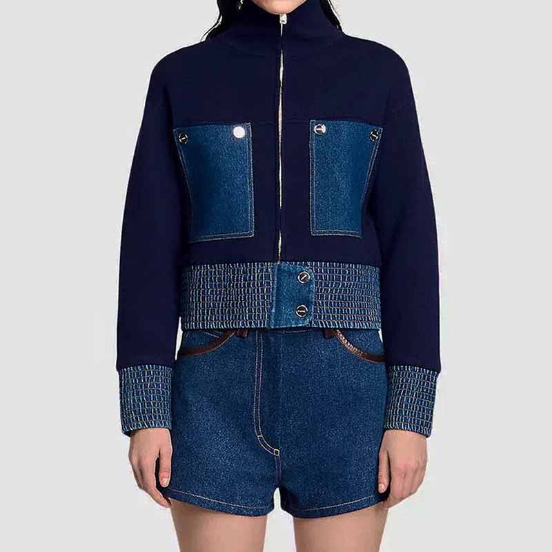 Women Zipper Front Jacket Knit Crop Denim Trim Coat