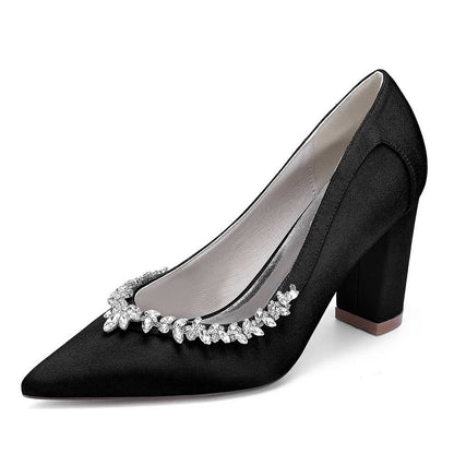Elegant black satin rhinestone chunky heel prom shoes with a decorative embellishment on the toe