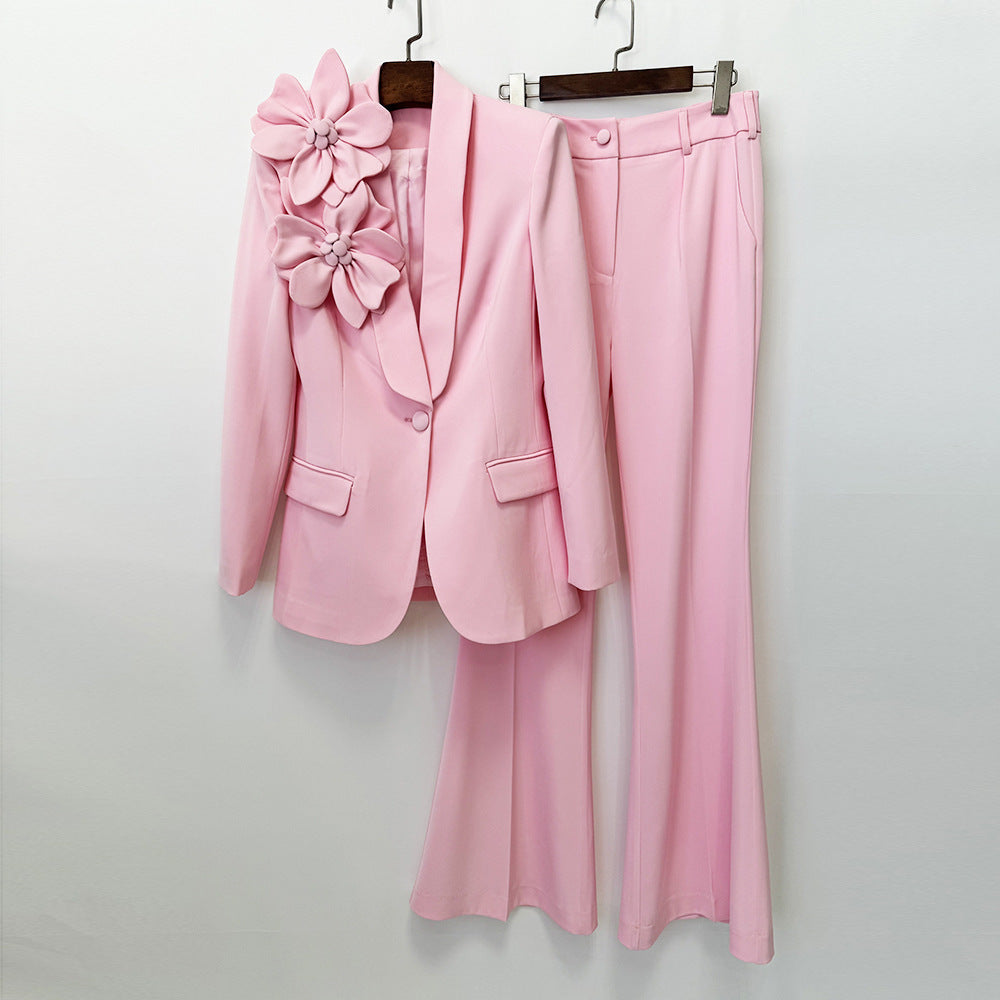 Women’s 3D Floral Blazer and Flare Pants Suit Set