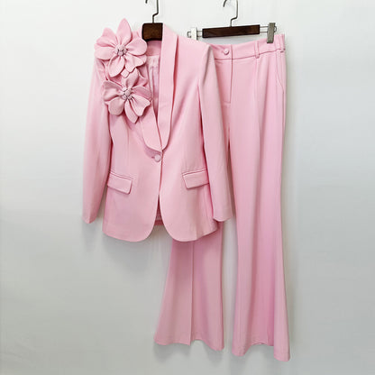 Women’s 3D Floral Blazer and Flare Pants Suit Set