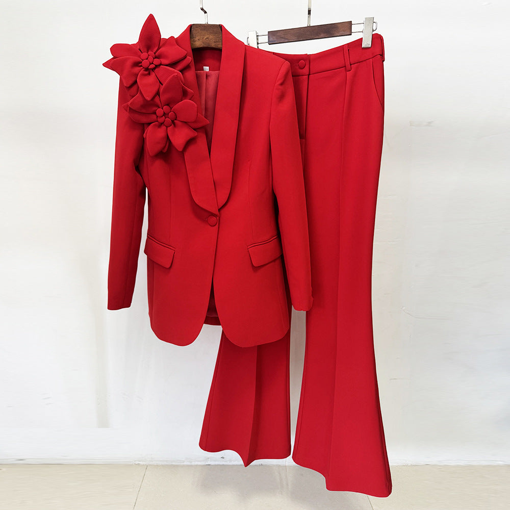 Women’s 3D Floral Blazer and Flare Pants Suit Set