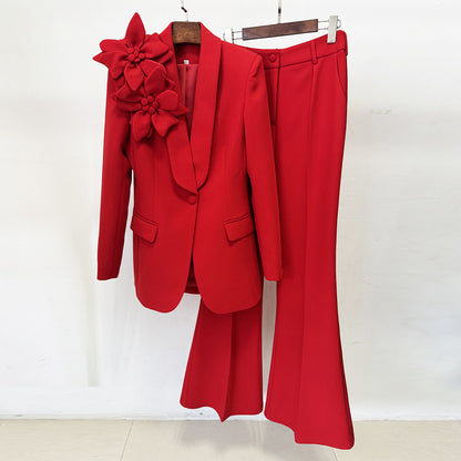 Women’s 3D Floral Blazer and Flare Pants Suit Set