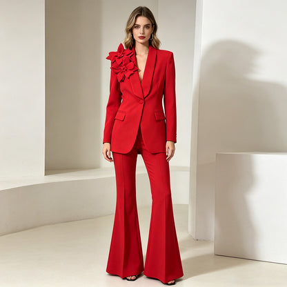 Women’s 3D Floral Blazer and Flare Pants Suit Set