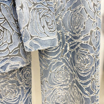 3D flower floral print jean pantsuit double breasted
