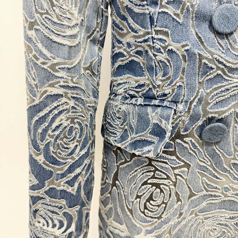 3D flower floral print jean pantsuit double breasted