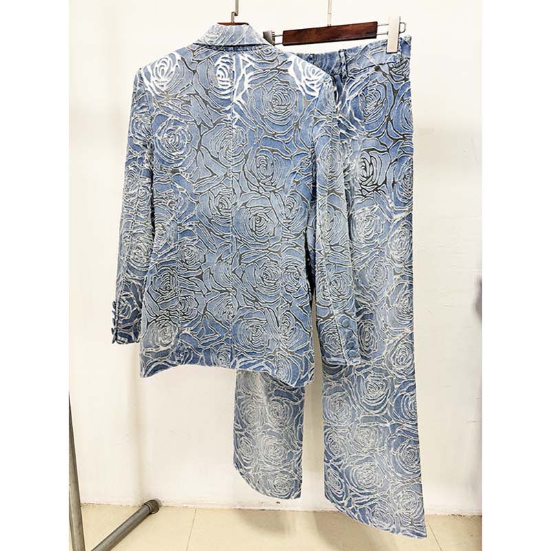 3D flower floral print jean pantsuit double breasted