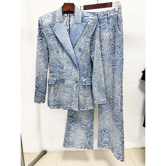 3D flower floral print jean pantsuit double breasted