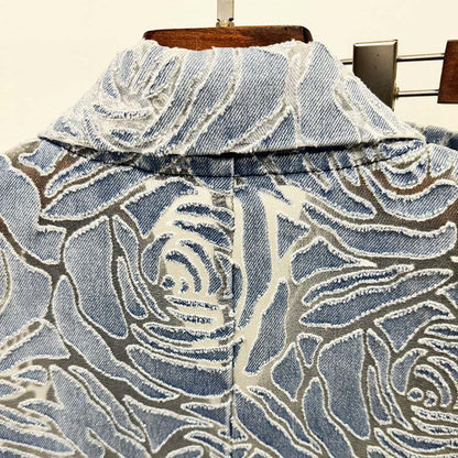 3D flower floral print jean pantsuit double breasted