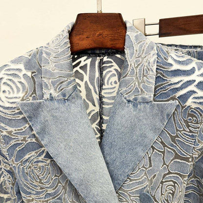 3D flower floral print jean pantsuit double breasted