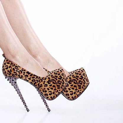 Women's Animal Print Stiletto Rivet Heeled Platform Dress Shoes Handmade Stiletto