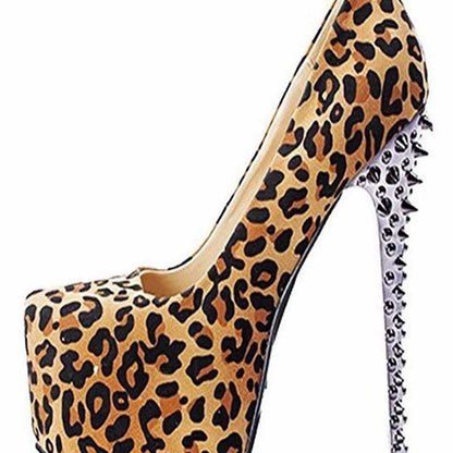 Women's Animal Print Stiletto Rivet Heeled Platform Dress Shoes Handmade Stiletto