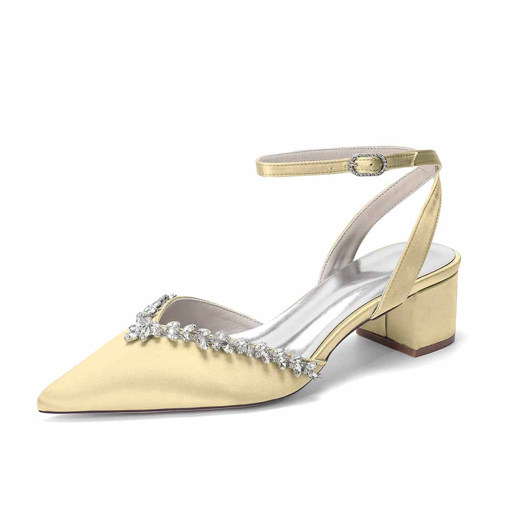 Women's Ankle Strap Block Heel Sandals with Crystal Embellishments