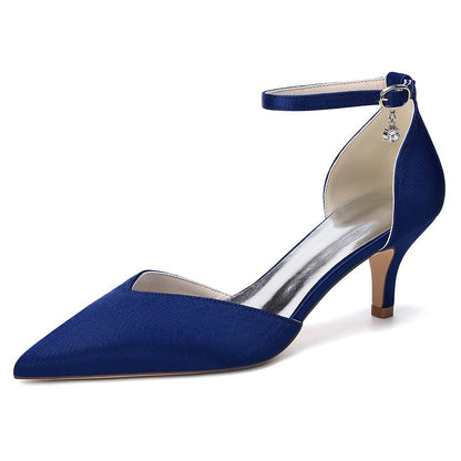 Women's Ankle Strap Kitten Heel Shoes | Bridal Formal Satin-Like Rhinestone Detail