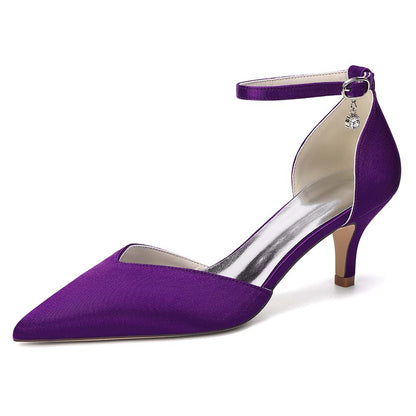 Women's Ankle Strap Kitten Heel Shoes | Bridal Formal Satin-Like Rhinestone Detail
