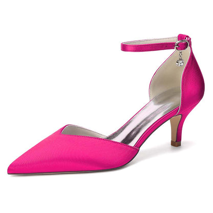 Women's Ankle Strap Kitten Heel Shoes | Bridal Formal Satin-Like Rhinestone Detail