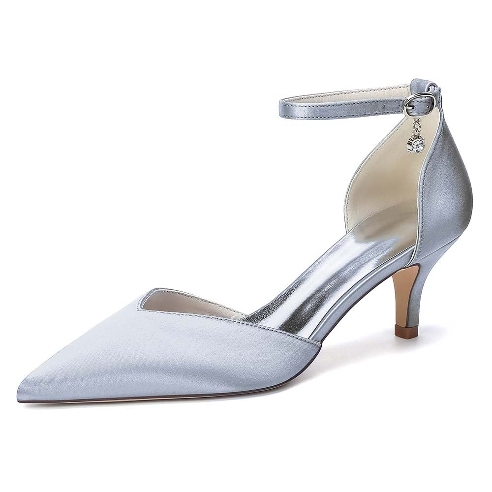 Women's Ankle Strap Kitten Heel Shoes | Bridal Formal Satin-Like Rhinestone Detail