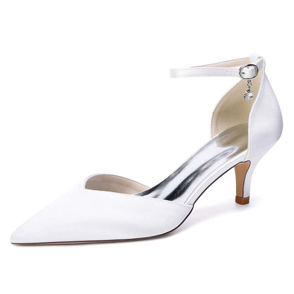 Women's Ankle Strap Kitten Heel Shoes | Bridal Formal Satin-Like Rhinestone Detail