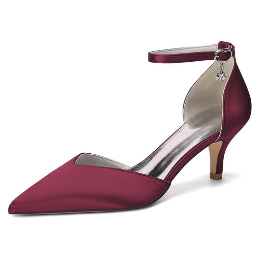 Women's Ankle Strap Kitten Heel Shoes | Bridal Formal Satin-Like Rhinestone Detail