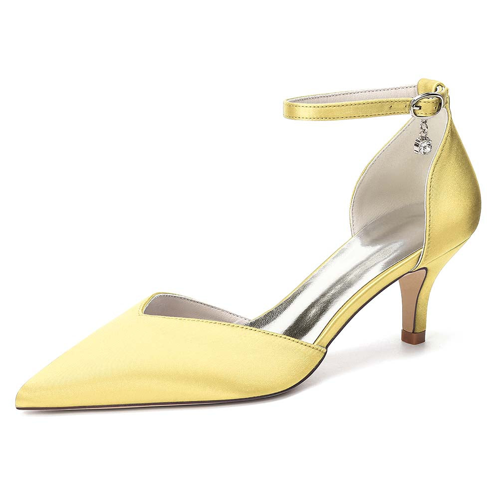 Women's Ankle Strap Kitten Heel Shoes | Bridal Formal Satin-Like Rhinestone Detail