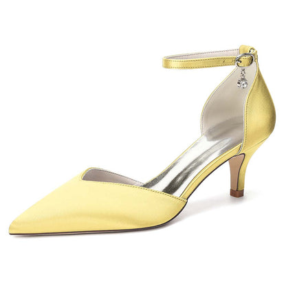 Women's Ankle Strap Kitten Heel Shoes | Bridal Formal Satin-Like Rhinestone Detail