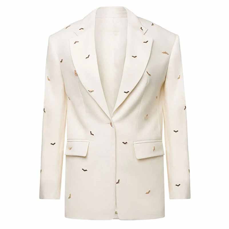 Women's Bat-Beading Embellished Blazer One Button Coat In White