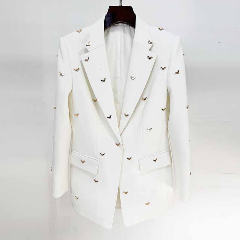 Women's Bat-Beading Embellished Blazer One Button Coat In White