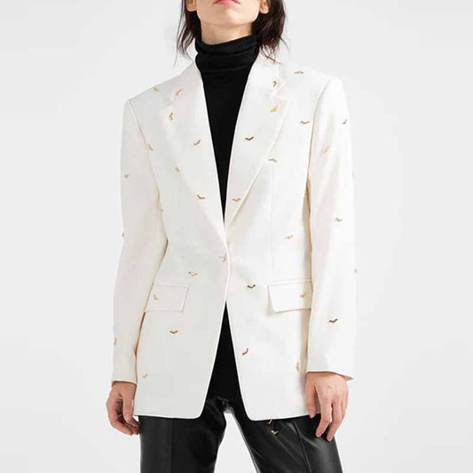 Women's Bat-Beading Embellished Blazer One Button Coat In White