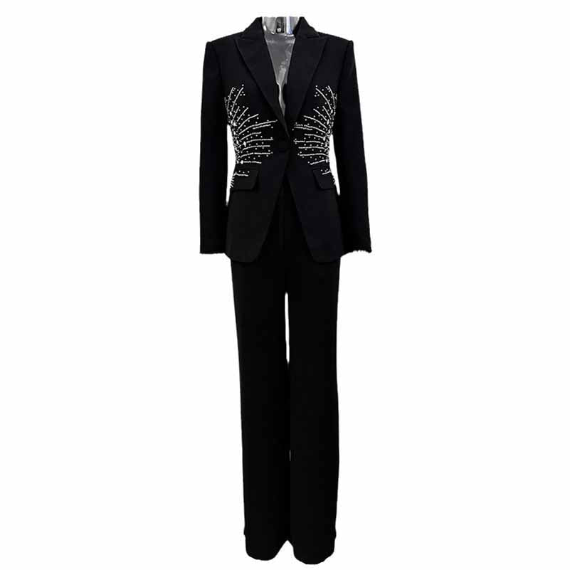 Women's Beaded Line Embellished One Button Pantsuit Black Formal Suit