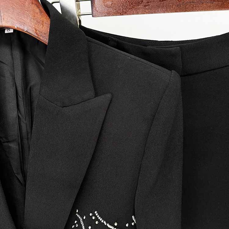 Women's Beaded Line Embellished One Button Pantsuit Black Formal Suit