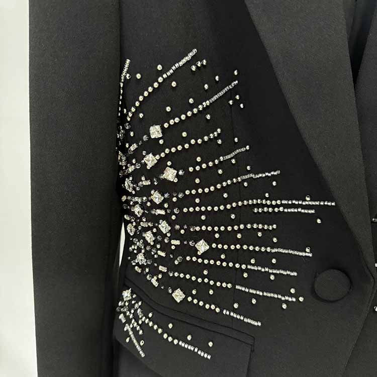 Women's Beaded Line Embellished One Button Pantsuit Black Formal Suit