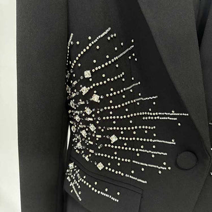 Women's Beaded Line Embellished One Button Pantsuit Black Formal Suit