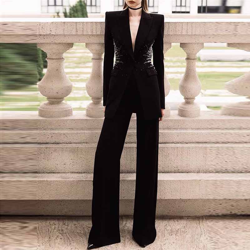 Women's Beaded Line Embellished One Button Pantsuit Black Formal Suit