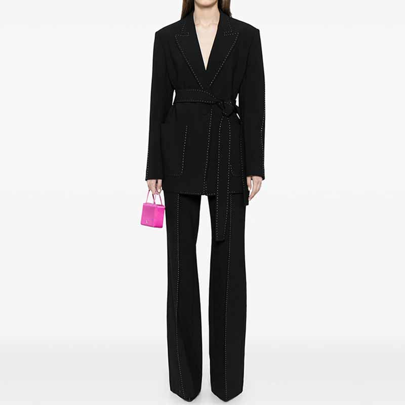 Women's Beaded Line Embellished Pantsuit Black Blazer Trousers Set