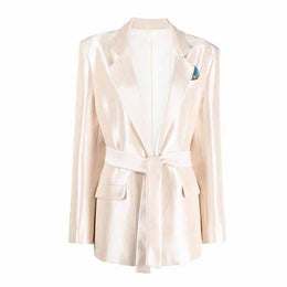 Solid Belted Blazer With Suit Pants Set