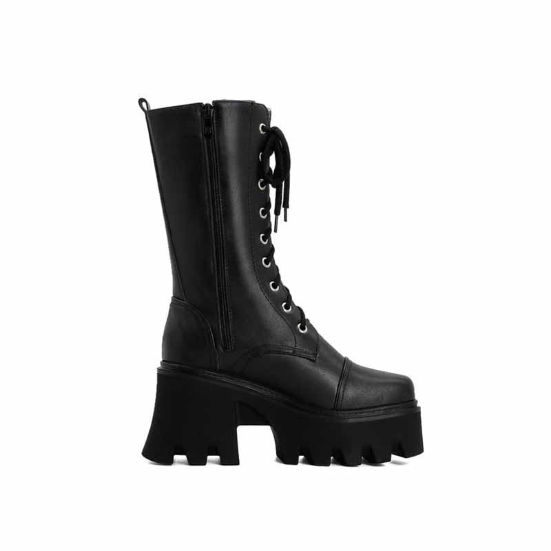 Women's Biker Boots Lace Up Mid Calf Motorcycle Boots Combat Riding Boots