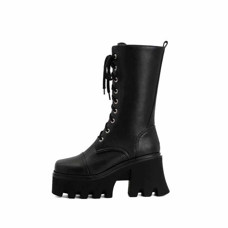 Women's Biker Boots Lace Up Mid Calf Motorcycle Boots Combat Riding Boots