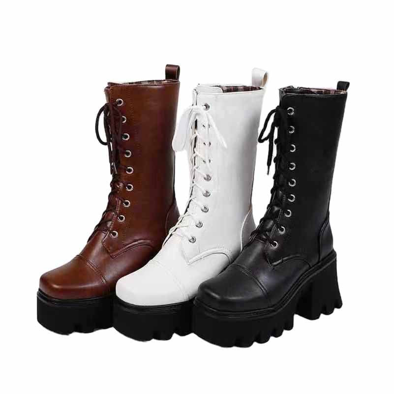 Women's Biker Boots Lace Up Mid Calf Motorcycle Boots Combat Riding Boots