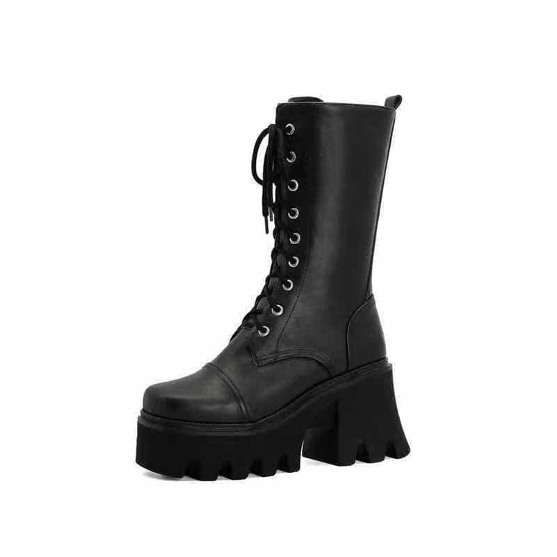 Women's Biker Boots Lace Up Mid Calf Motorcycle Boots Combat Riding Boots