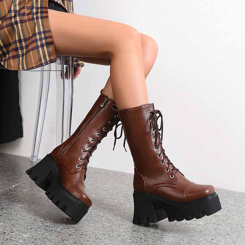 Women's Biker Boots Lace Up Mid Calf Motorcycle Boots Combat Riding Boots