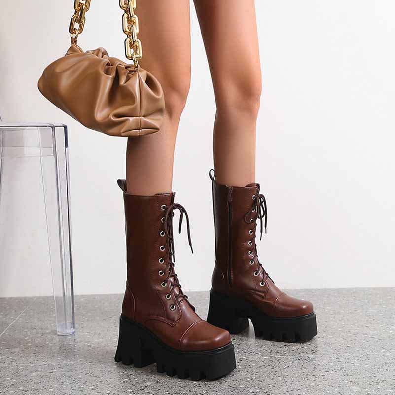 Women's Biker Boots Lace Up Mid Calf Motorcycle Boots Combat Riding Boots