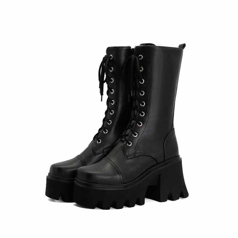 Women's Biker Boots Lace Up Mid Calf Motorcycle Boots Combat Riding Boots