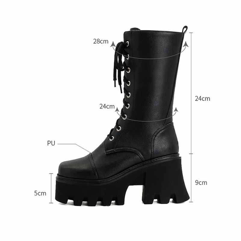 Women's Biker Boots Lace Up Mid Calf Motorcycle Boots Combat Riding Boots