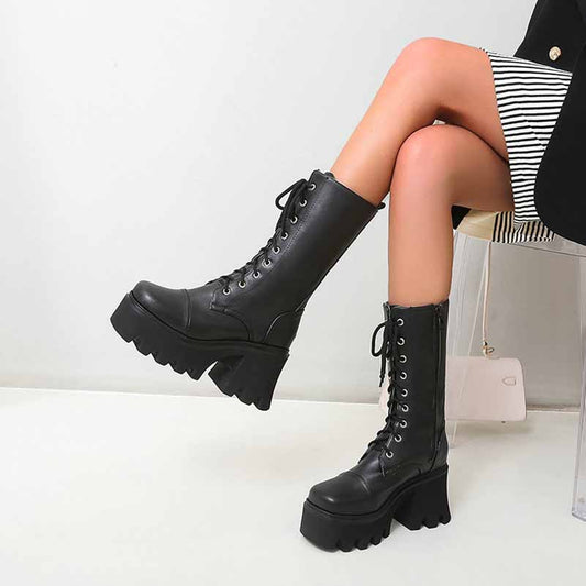 Women's Biker Boots Lace Up Mid Calf Motorcycle Boots Combat Riding Boots