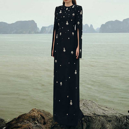 Women's Black Beaded Formal Dresses Long Evening Gowns