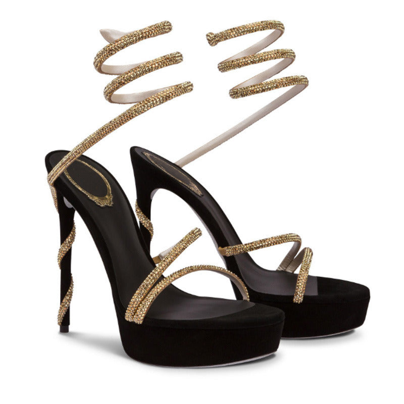 Women's Black Glitter Platform Stiletto Sandals - Sexy Strappy Lace-Up Open Toe High Heels