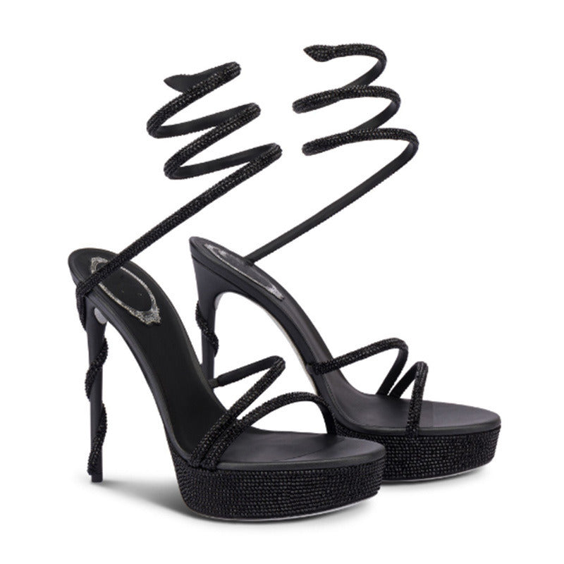 Women's Black Glitter Platform Stiletto Sandals - Sexy Strappy Lace-Up Open Toe High Heels